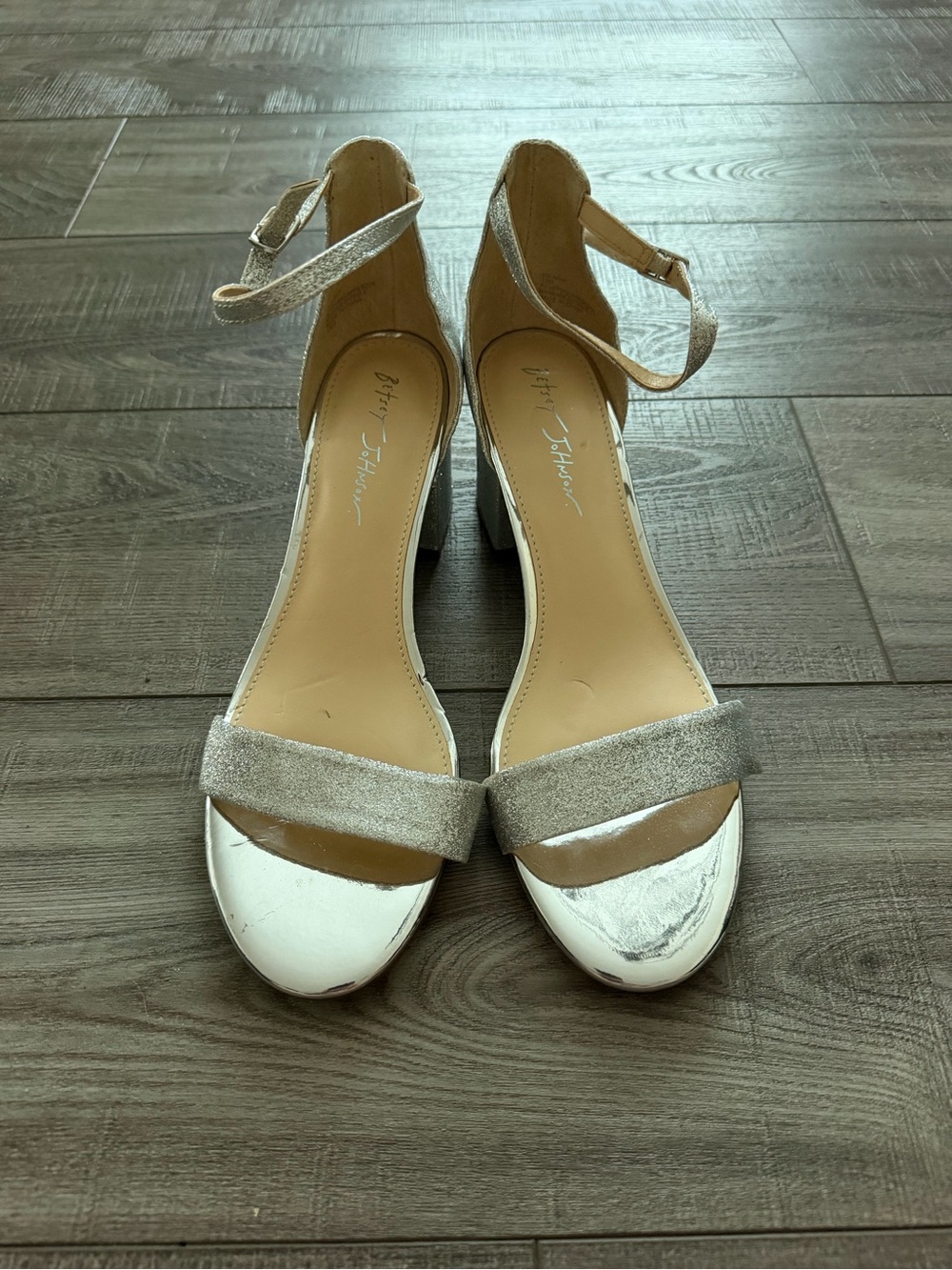 Betsey Johnson Silver Metallic Ankle-Strap Block Heels